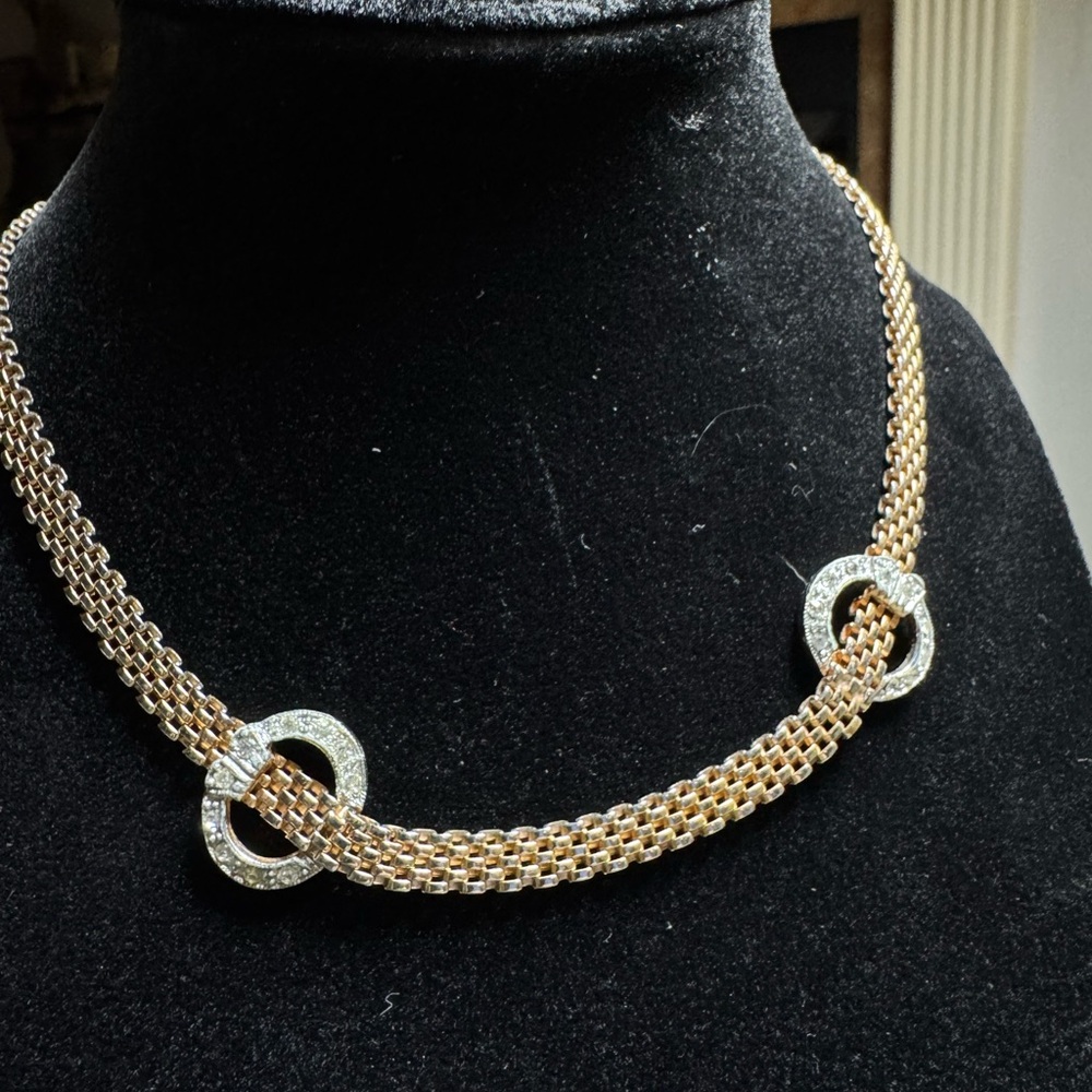 Gold-Tone Mesh Chain Necklace with Crystal Pavé Rings | Statement Collar